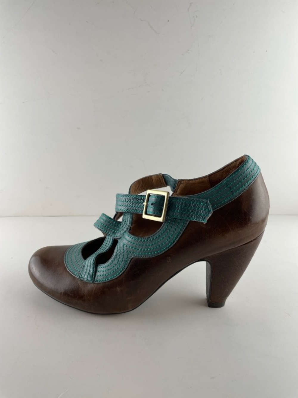 Miz Mooz Leather Mary Jane Heels Size 9 Brown Teal Retro Cutout Pumps - Picture 2 of 9